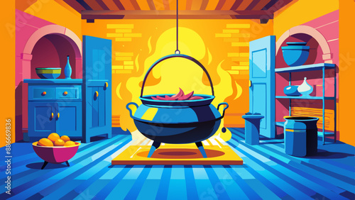 cast iron cauldron on the stove cooking on the fire interior of a kitchen 