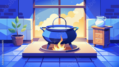 cast iron cauldron on the stove cooking on the fire interior of a kitchen 