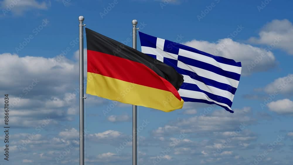 Greece and Germany flags flying together, video concept of the relationship, two country relations concept Greece and Germany flags flying together, video concept of the relationship, two country relations concept