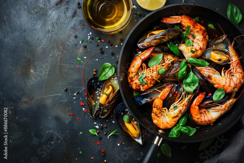 A plate of shrimp and mussels is served on a black table