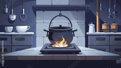 cast iron cauldron on the stove cooking on the fire interior of a kitchen 