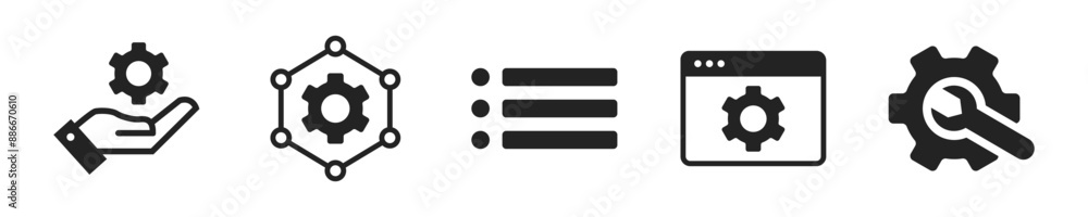 Settings icon set. Set of 5 outline icons related to setting, adjustments, operation, gear. Linear icon collection. Settings outline icons collection. Editable stroke. Vector illustration. Settings icon set. Set of 5 outline icons related to setting, adjustments, operation, gear. Linear icon collection. Settings outline icons collection. Editable stroke. Vector illustration.