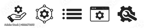 Settings icon set. Set of 5 outline icons related to setting, adjustments, operation, gear. Linear icon collection. Settings outline icons collection. Editable stroke. Vector illustration.