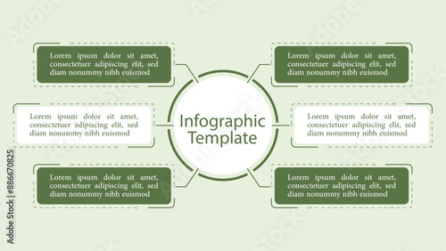 Infographic Template: Central Circle with Title is Connected to Text Blocks in Dark Green and Off-White