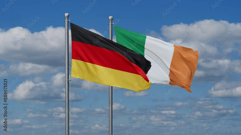 Ireland and Germany flags flying together, video concept of the relationship, two country relations concept Ireland and Germany flags flying together, video concept of the relationship, two country relations concept