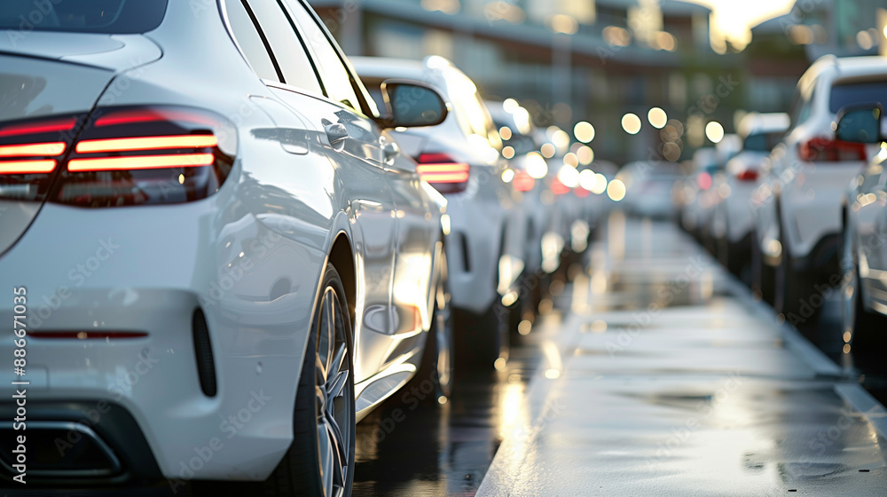 a row of cars parked in an open parking lot. Car showroom and dealer agent concept a row of cars parked in an open parking lot. Car showroom and dealer agent concept