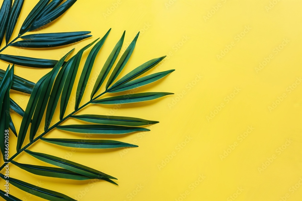 A yellow background with a green leaf on it. The leaf is on the left side of the image A yellow background with a green leaf on it. The leaf is on the left side of the image