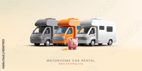 Rental of mobile homes, campers, piggy bank 3D. For sales, rental, and travel savings concepts. Banner for web design. Vector illustration.
