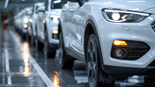 a row of  cars parked in an open parking lot. Car showroom and dealer agent concept