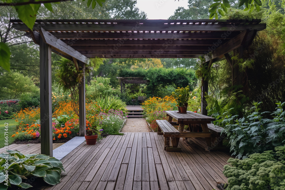 A cozy wooden terrace of a country house surrounded by greenery and flower beds. A cozy wooden terrace of a country house surrounded by greenery and flower beds.