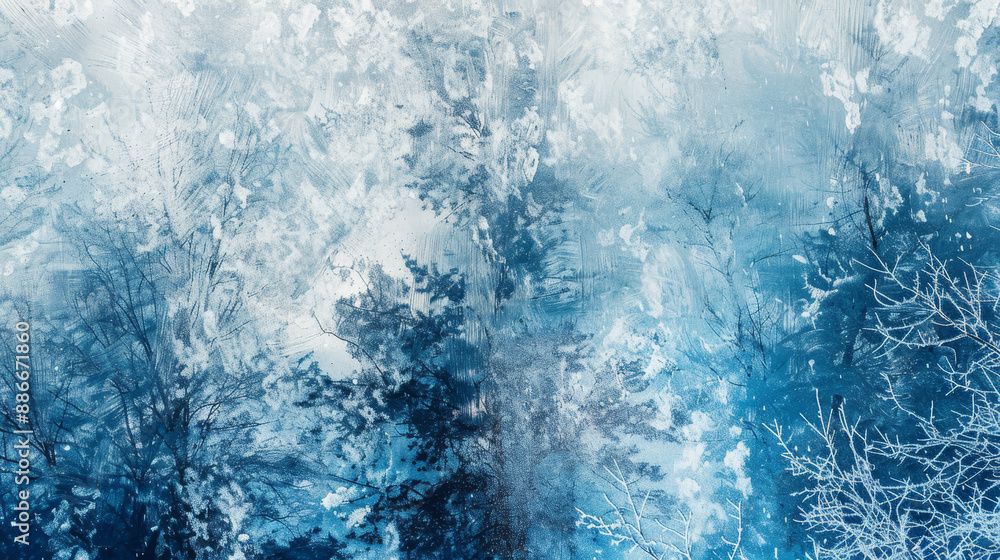 Fototapeta premium A blue and white painting of trees with snow on them