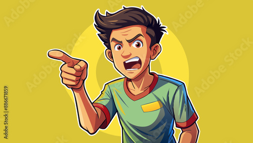 Angry and furious indignant youngster, finger apart from the isolated scream on a light yellow background