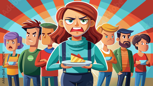 Angry people gather in a long queue. Customer Service Response Time.