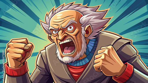 An angry old man shakes his fist and yells.