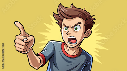 Angry and furious indignant youngster, finger apart from the isolated scream on a light yellow background