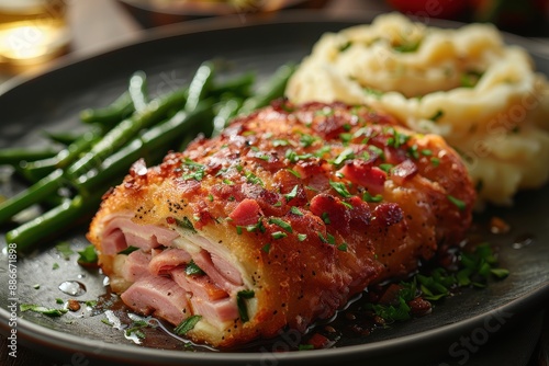 Cordon Bleu A crispy, golden Cordon Bleu with ham and cheese filling. Served with a side of mashed potatoes and green beans. 