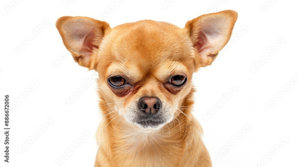 Angry golden Chihuahua in studio on white background suggests animal care in ad space Angry golden Chihuahua in studio on white background suggests animal care in ad space