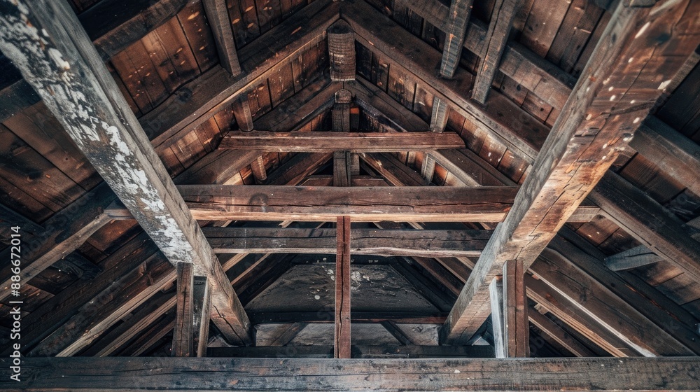 An aged wooden roof supported by wooden beams An aged wooden roof supported by wooden beams