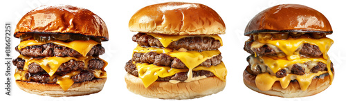 3 pork and beef triple cheeseburgers volume 1. White buns, melted cheese. Set of isolated food on transparent background.