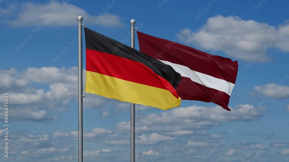 Latvia and Germany flags flying together, video concept of the relationship, two country cooperation concept Latvia and Germany flags flying together, video concept of the relationship, two country cooperation concept