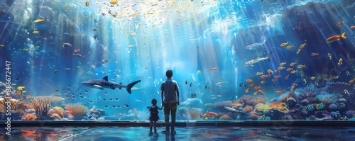 Family enjoying a day at the aquarium, marveling at marine life, and participating in interactive exhibits, focus on, educational fun theme, vibrant, Composite, aquarium backdrop