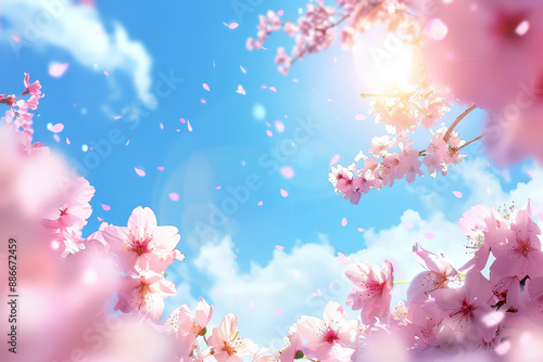 A beautiful blue sky with pink flowers in the foreground