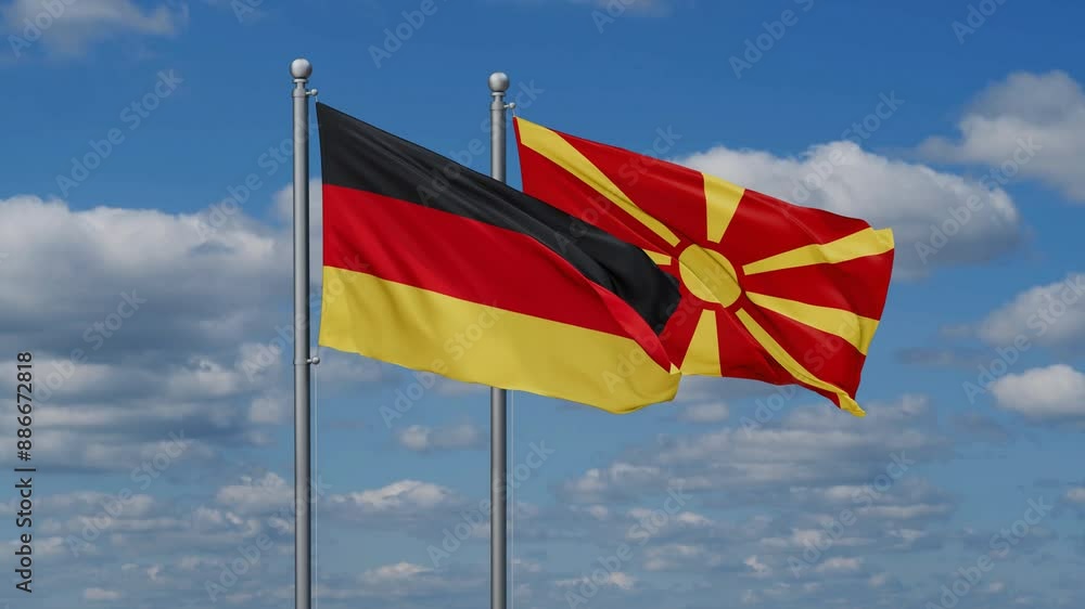 Germany and North Macedonia flags flying together, video concept of the relationship Germany and North Macedonia flags flying together, video concept of the relationship