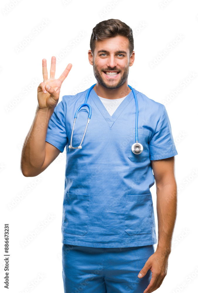 Young handsome doctor surgeon man over isolated background showing and pointing up with fingers number three while smiling confident and happy. Young handsome doctor surgeon man over isolated background showing and pointing up with fingers number three while smiling confident and happy.