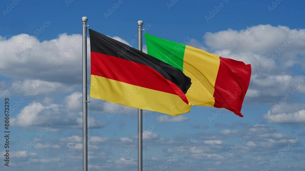 Mali and Germany flags waving together, looped video, two country relations concept Mali and Germany flags waving together, looped video, two country relations concept
