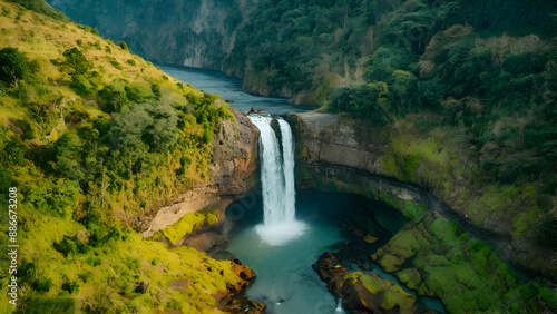 Beautiful aerial view of Blang Kolam Waterfall in Aceh Province, Indonesia, photo