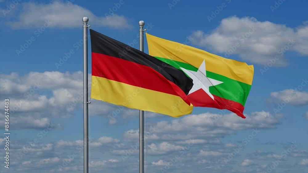 Myanmar aka Burma and Germany flags flying together, video concept of the relationship, two country relations concept