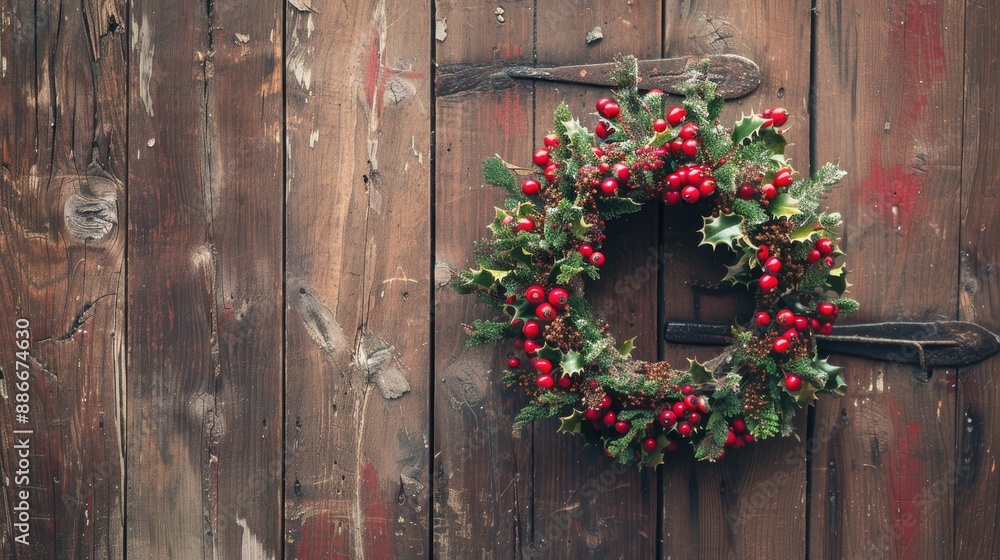 Close up of a festive mistletoe wreath on a wooden door at Christmas Close up of a festive mistletoe wreath on a wooden door at Christmas