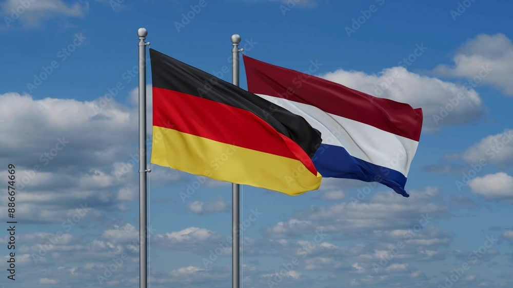 Netherlands and Germany flags flying together, video concept of the relationship, two country relations concept Netherlands and Germany flags flying together, video concept of the relationship, two country relations concept