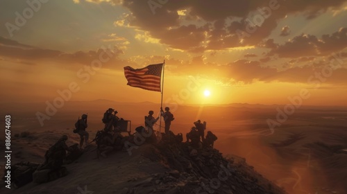 Military Personnel Raising a Flag at Sunrise on a Hilltop Symbolizing Duty and Honor photo