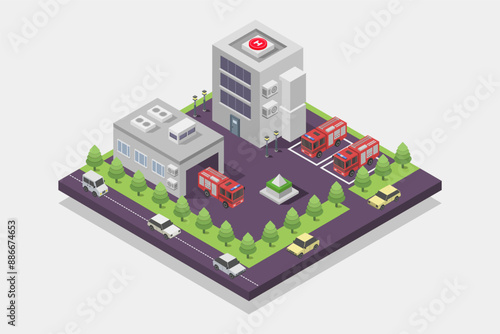 Fire station building isometric