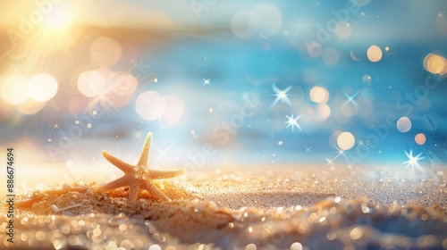 Starfish on Sandy Beach: Sparkling Blue Sea with Bokeh Lights - Idyllic Seascape Tourism Banner