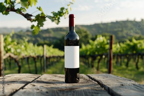 Red wine bottle mockup with vineyards in the background