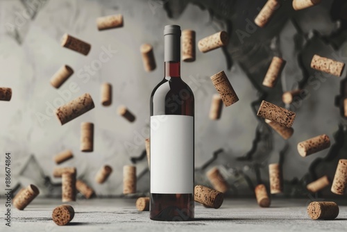 Red wine bottle mockup with floating wine corks in the background