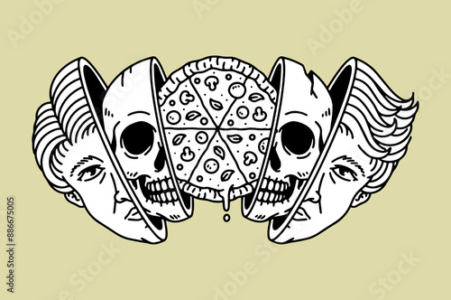 fantasy illustration of people love pizza, drawing, ink, line art