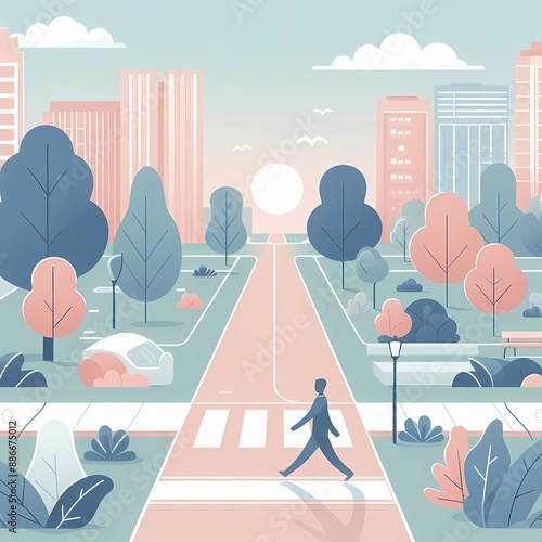 vector graphic someone taking leisurely stroll city park soft colors smooth pathways photo