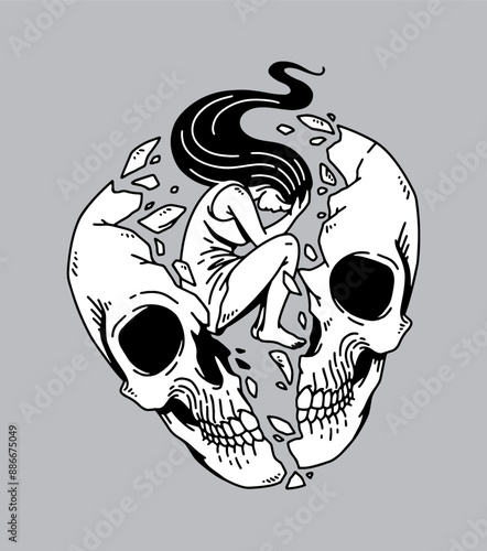 fantasy illustration of sad woman, drawing, ink, line art