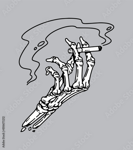 fantasy illustration of skull hand holding cigarette, drawing, ink, line art