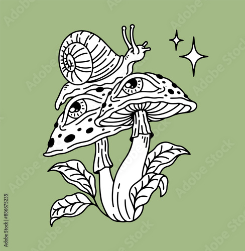 fantasy illustration of snail on mushroom, drawing, ink, line art