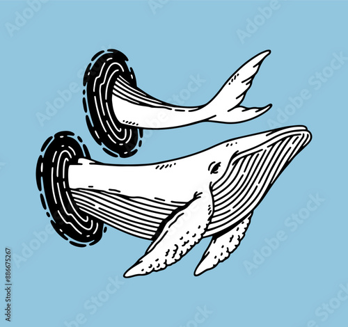 fantasy illustration of teleport whale, drawing, ink, line art