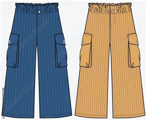 UTILITY CARGO POCKET DETAIL WIDE LEG TROUSER FASHION FLAT DESIGNED FOR TEEN GIRLS AND KID GIRLS IN VECTOR FILE