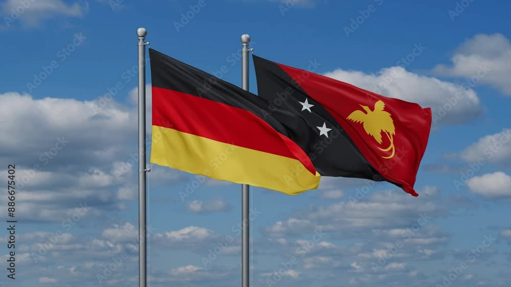 Papua New Guinea and Germany flags flying together, video concept of the relationship, two country relations concept Papua New Guinea and Germany flags flying together, video concept of the relationship, two country relations concept