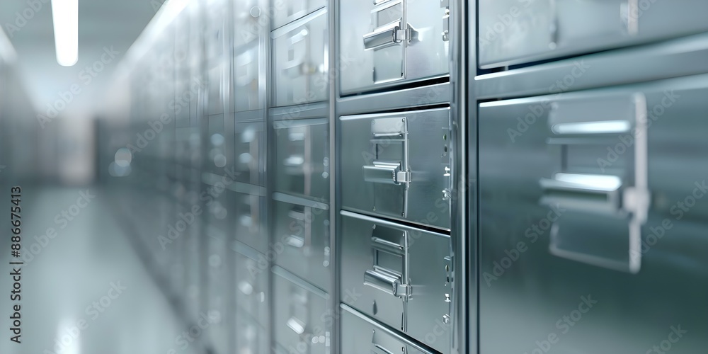 Neat row of metal filing cabinets in room for document storage. Concept Metal Filing Cabinets, Office Storage, Organization Solutions, Workspace Efficiency Neat row of metal filing cabinets in room for document storage. Concept Metal Filing Cabinets, Office Storage, Organization Solutions, Workspace Efficiency