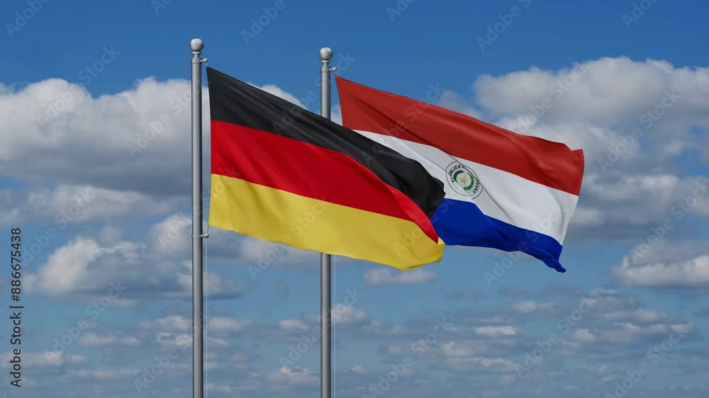 Paraguay and Germany flags flying together, video concept of the relationship, two country relations concept Paraguay and Germany flags flying together, video concept of the relationship, two country relations concept