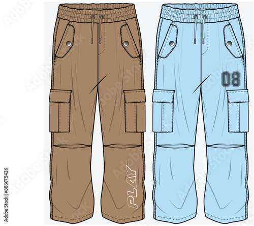 UTILITY CARGO POCKET DETAIL WOVEN JOGGERS WITH CUT AND SEW PANEL AND TOGGLE PULLER AT HEM FASHION FLAT DESIGNED FOR TEEN GIRLS AND KID GIRLS IN VECTOR FILE