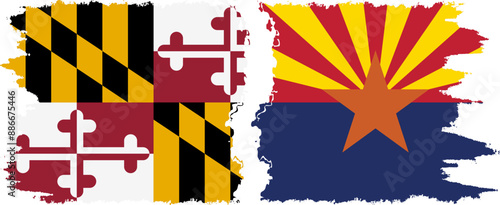 Arizona and Maryland states grunge brush flags connection, vector